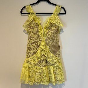 For Love & Lemons Tati Lace Ruffle Dress Yellow Size L NWT